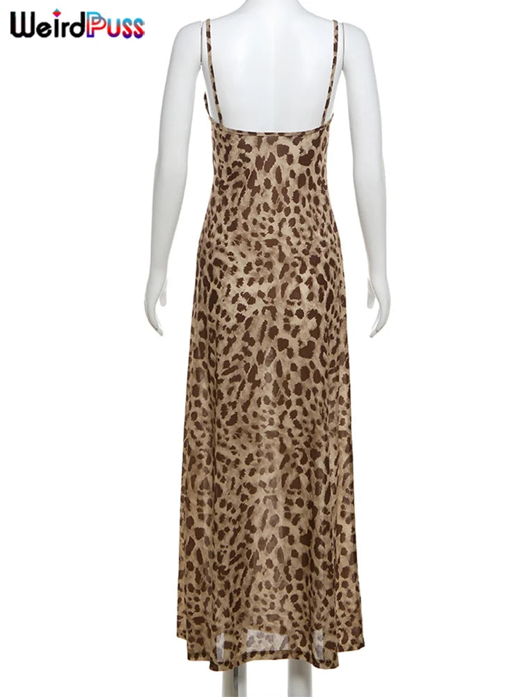 Weird Puss Leopard Print Dress Woman Summer Sexy Swing Collar Spaghetti Straps Backless Ruffles Party Clubwear Skinny