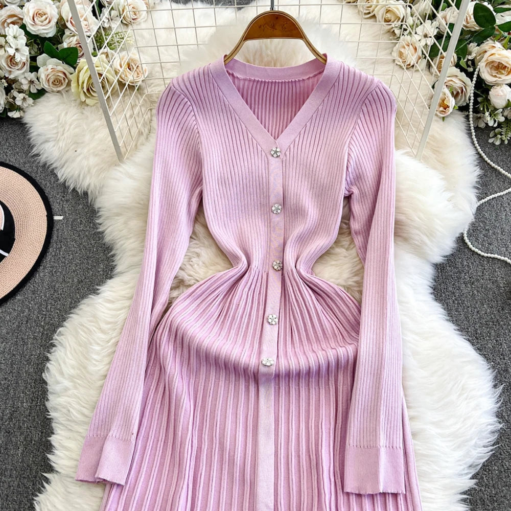 YuooMuoo Autumn Winter Women Knitted Long Dress Brand Fashion V-neck Slim Waist Pleated Sweater Dress Lady Office