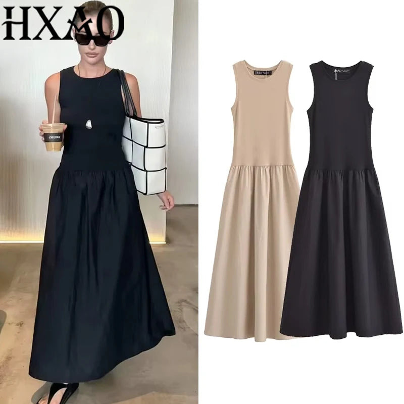 HXAO Women's Black Long Dresses Sleeveless Elegant Dresses Fashion Casual Vintage Party Khaki Dresses