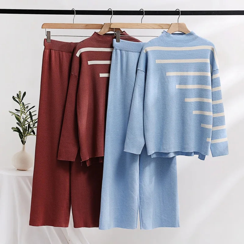 Loose Knitwear 2 Pieces Sets Women Striped Long Sleeve Knit Pullover Tops Conjuntos Korean High Waist Wide Leg Pants Tracksuit
