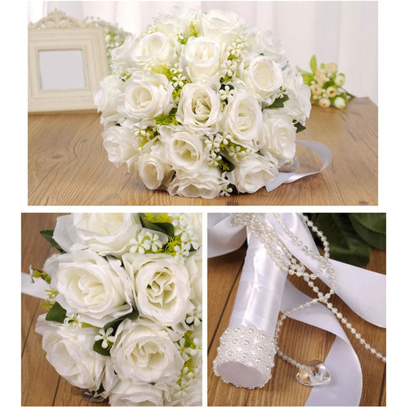 Bridal Bridesmaid Wedding Bouquet White Silk Flowers Roses Artificial Bride Boutonniere Mariage Bouquet Wedding Accessories