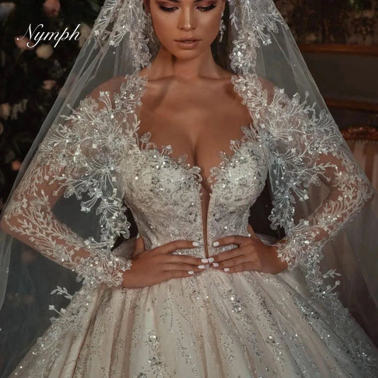 Customized Ball Gown Lace Wedding Dresses Princess Beaded Full Sleeves Bridal Dress Sweep Train Customized