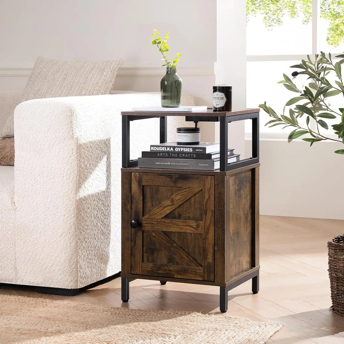 Farmhouse Nightstand with Charging Station, Wood Night Stand End Table with USB Ports, LED Bed Side Table with Storage Cabinet,