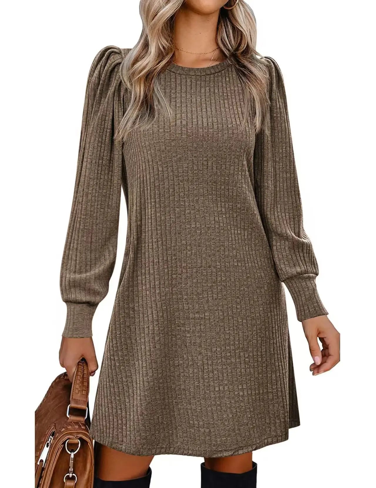 Fashionable women's knitted puffed-sleeve long-sleeved autumn and winter round-neck casual loose dress with pockets