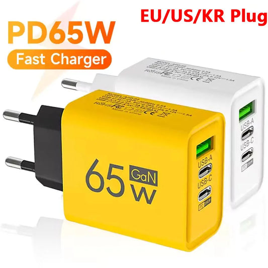 GaN 65W USB C Charger 3 Port PD Quick Charge Wall Plug Adapter For iPhone 15 14 Samsung Xiaomi Huawei EU US Travel Fast Charger