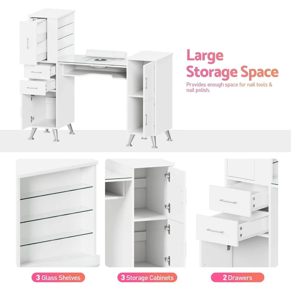 Manicure Table Nail Station w/Glass Top, Dust Collector, 4 Dust Bags, Storage Drawers & Cabinets, Nail Desk Beauty Salon Worksta