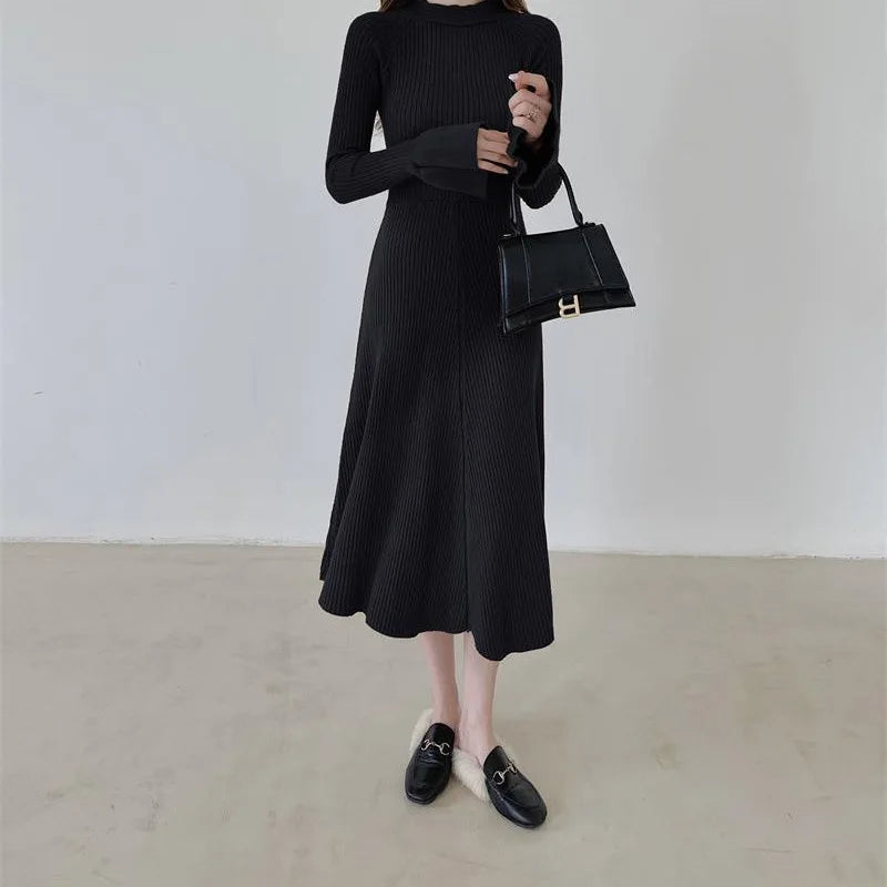 Elegant V-Neck Knitted Dress Slimming Long Skirt High Waist Bell Sleeve Unique Design Autumn Winter Women's Fashion Dress