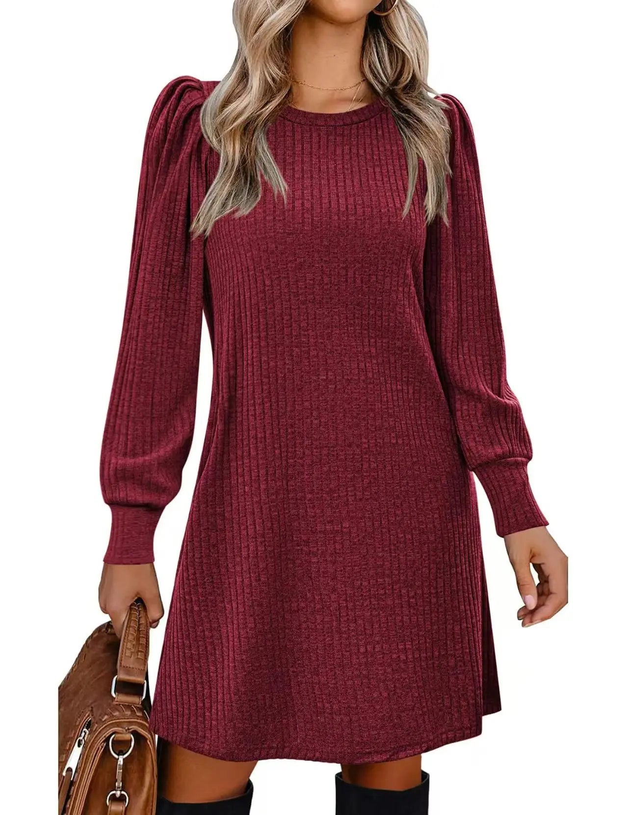 Fashionable women's knitted puffed-sleeve long-sleeved autumn and winter round-neck casual loose dress with pockets