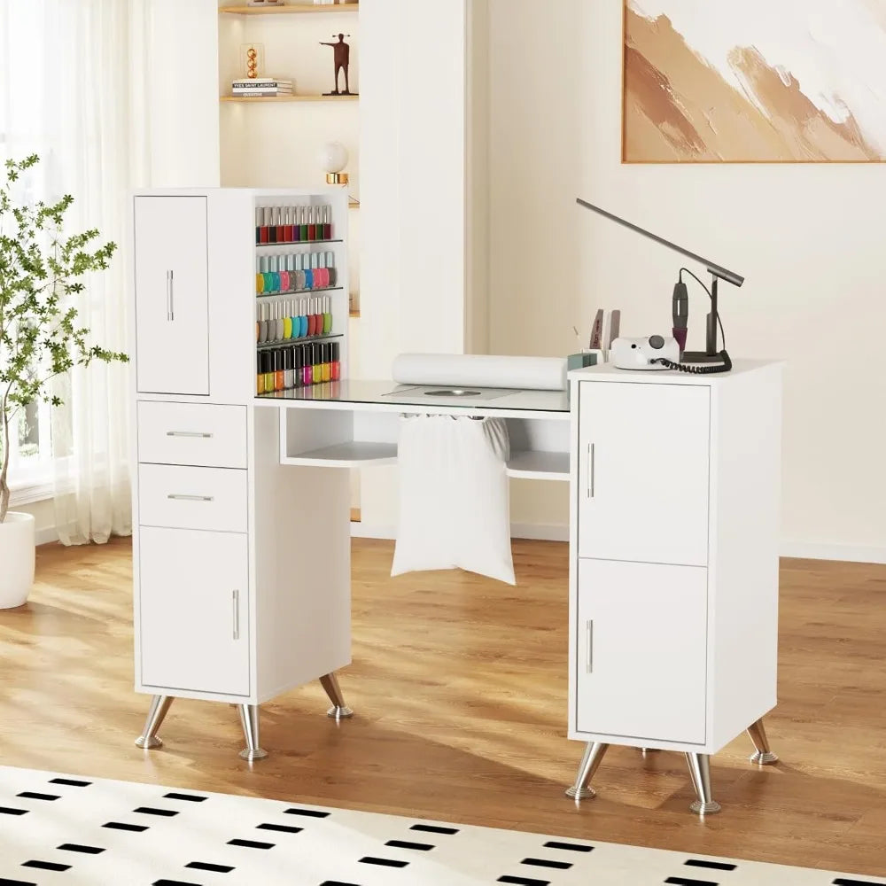 Manicure Table Nail Station w/Glass Top, Dust Collector, 4 Dust Bags, Storage Drawers & Cabinets, Nail Desk Beauty Salon Worksta