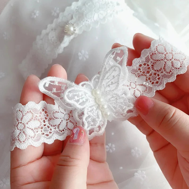 Popular White 2 Pieces Wedding Garters Butterfly Lace Bridal Garter Pearls Leg Ring for Bride