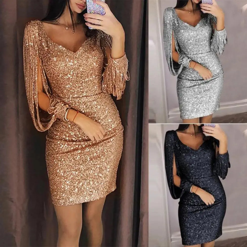 2024 New Silver Sequin Skinny Dress Women Sexy Tassel Sleeves V Neck Club Mini Dress Elegant Ladies Bodycon Pencil Party