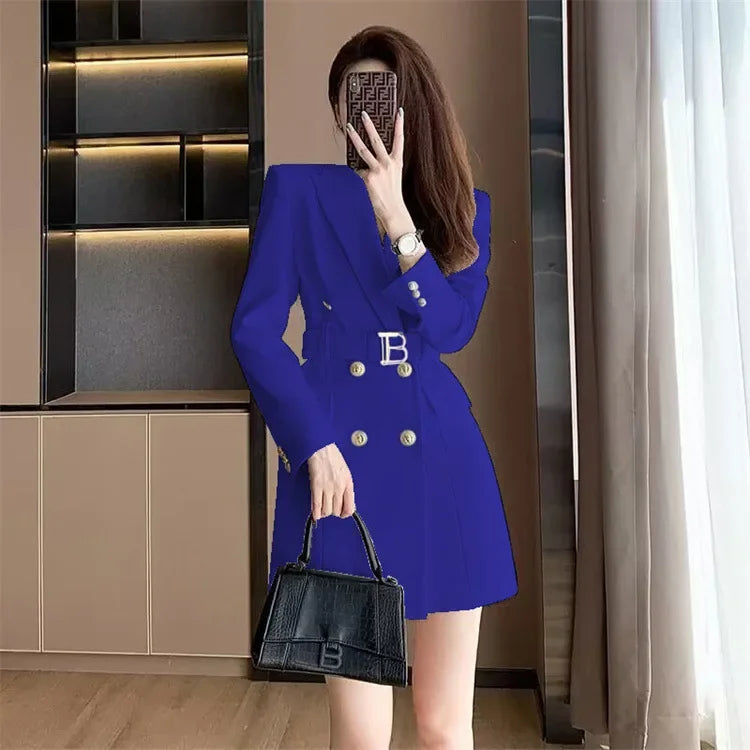 French Elegant Long Sleeve Suit Dress Waist-Cinching Short Size Professional Double-Buttoned Belted Coat