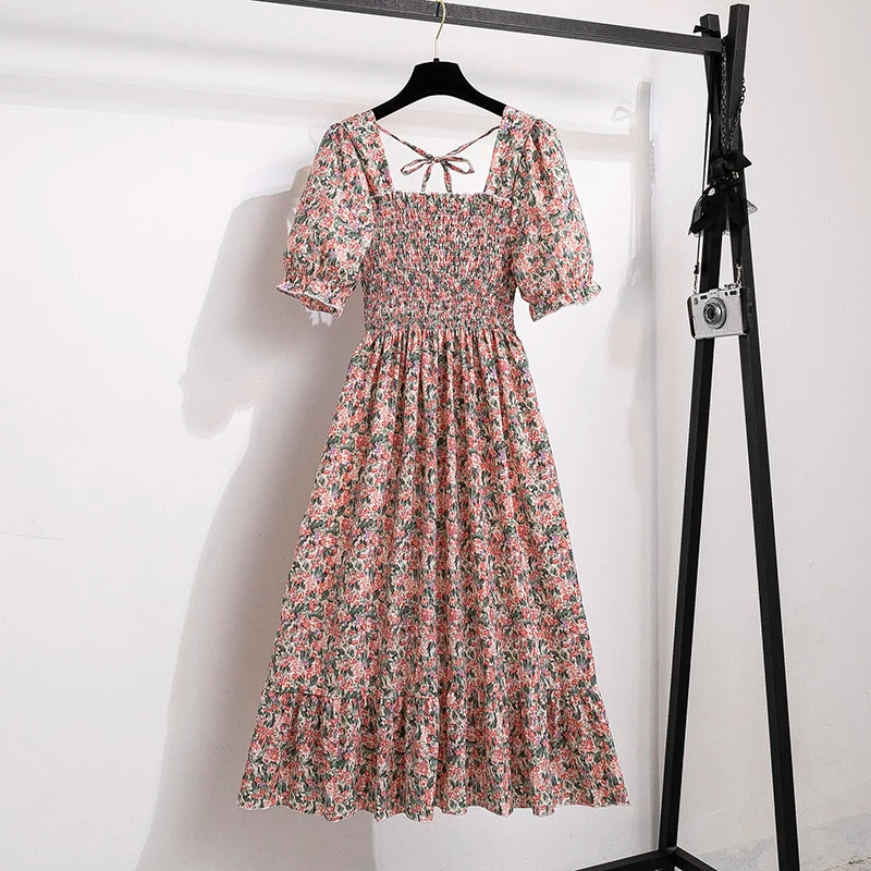 Spring Summer Chiffon Dresses Fashion Female Elastic Waist Short Sleeve Pleated Casual Dress Women A-line Dresses