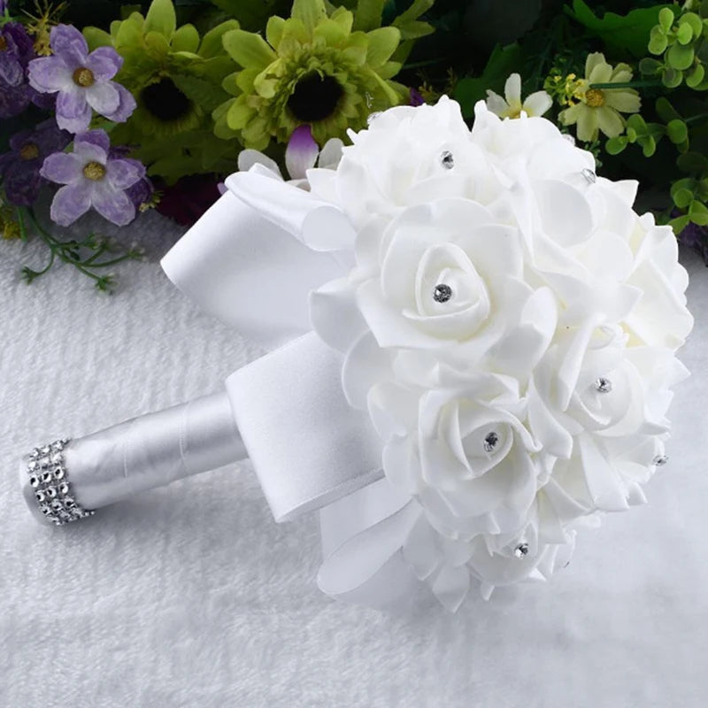 1Pc Rose Bouquet Bridal Wedding PE Foam Flower Ribbon Wedding Simulation Bouquet With Faux Crystal for Party Church Decor