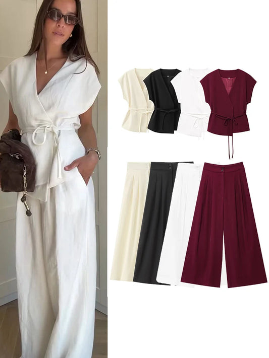 TFMLN Fashion Women's Trouser Suits Sleeveless V-Neck Top With Belt Straight Pants Sets.