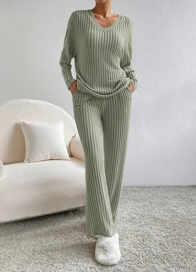 Solid Color Casual Loose Knitting Sets For Women Elegant Autumn Women's Two Pieces Suit Full Trouser Set Female Outfit Clothes