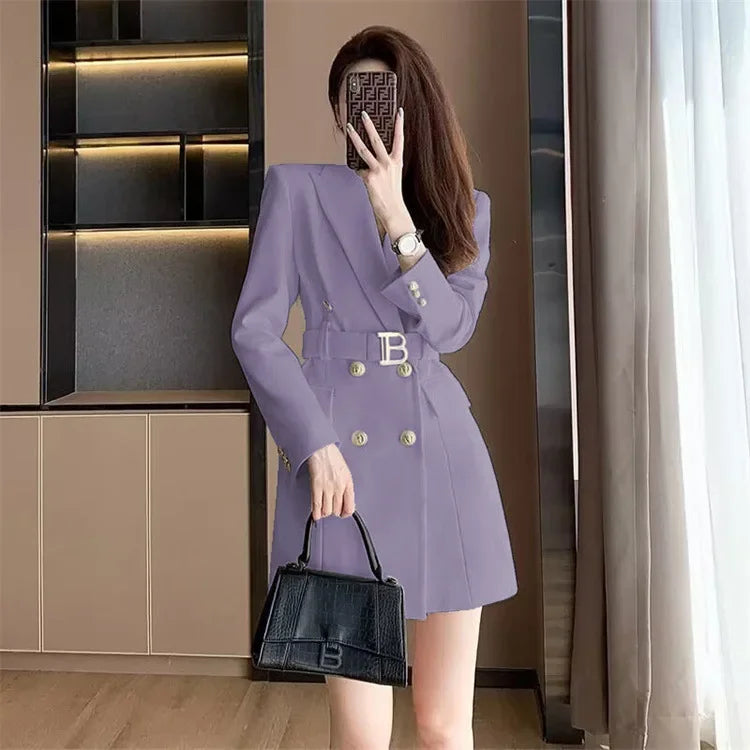 French Elegant Long Sleeve Suit Dress Waist-Cinching Short Size Professional Double-Buttoned Belted Coat
