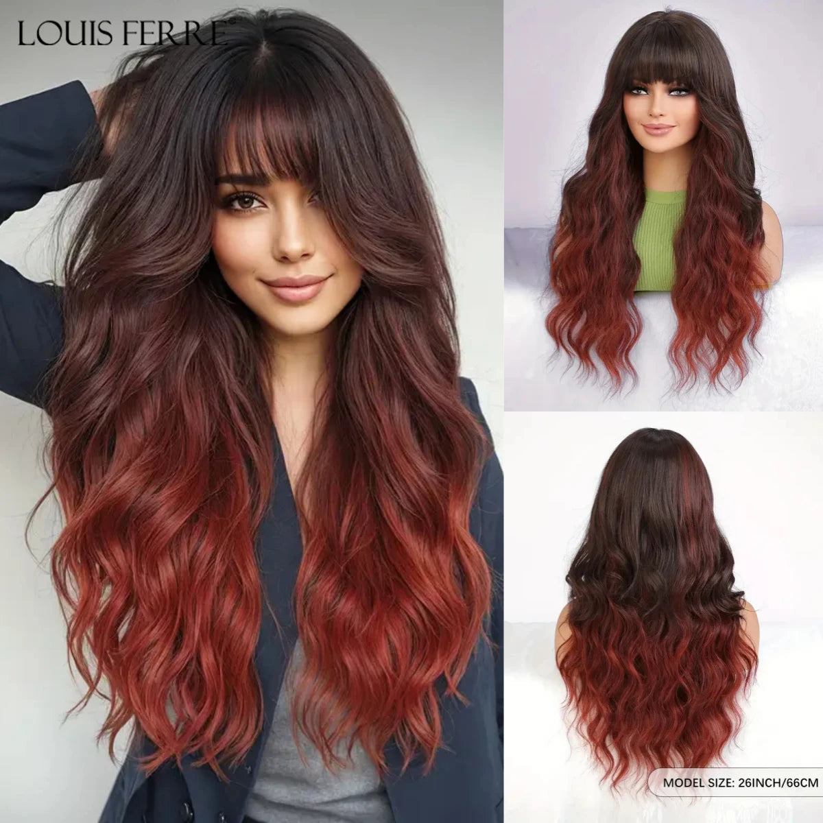 LOUIS FERRE Brown Blonde Highlights Wigs For Women Daily Long Wavy Curly Synthetic Wigs Natural Heat Resistant Hair With Bangs