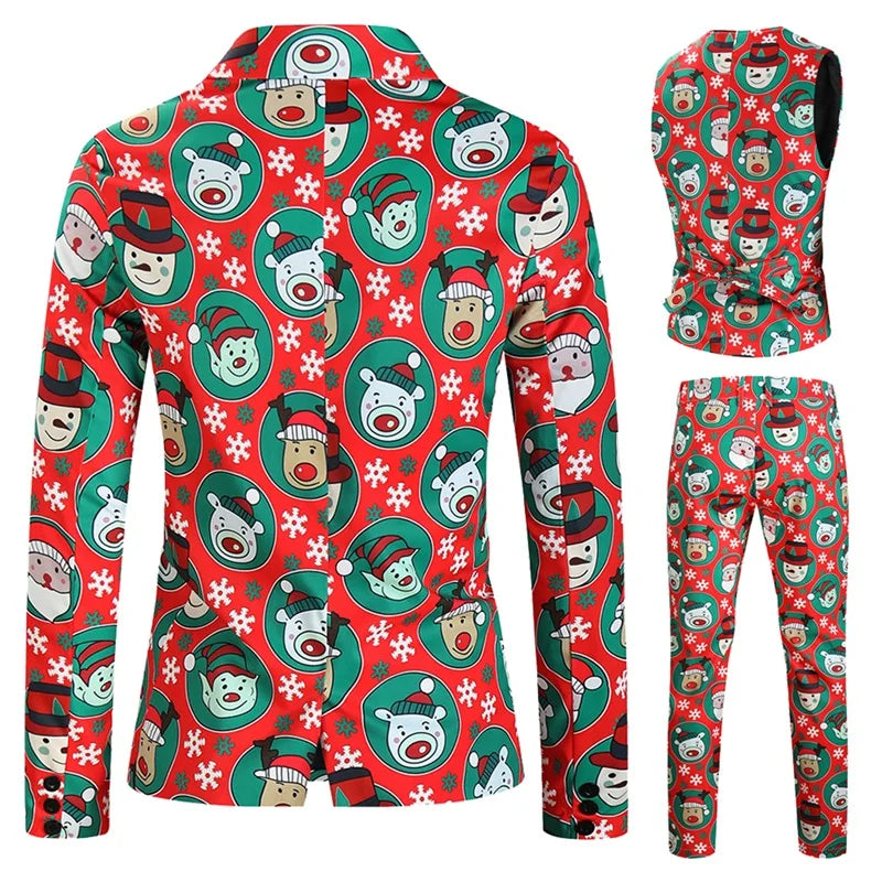 Men Christmas 3Pcs Suit Cartoon Print Long Sleeve Single Breasted Jacket with Vest Pants