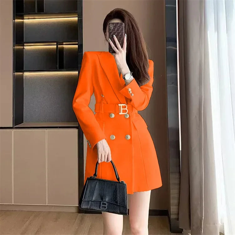 French Elegant Long Sleeve Suit Dress Waist-Cinching Short Size Professional Double-Buttoned Belted Coat