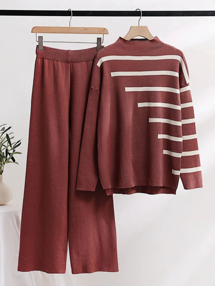 Loose Knitwear 2 Pieces Sets Women Striped Long Sleeve Knit Pullover Tops Conjuntos Korean High Waist Wide Leg Pants Tracksuit