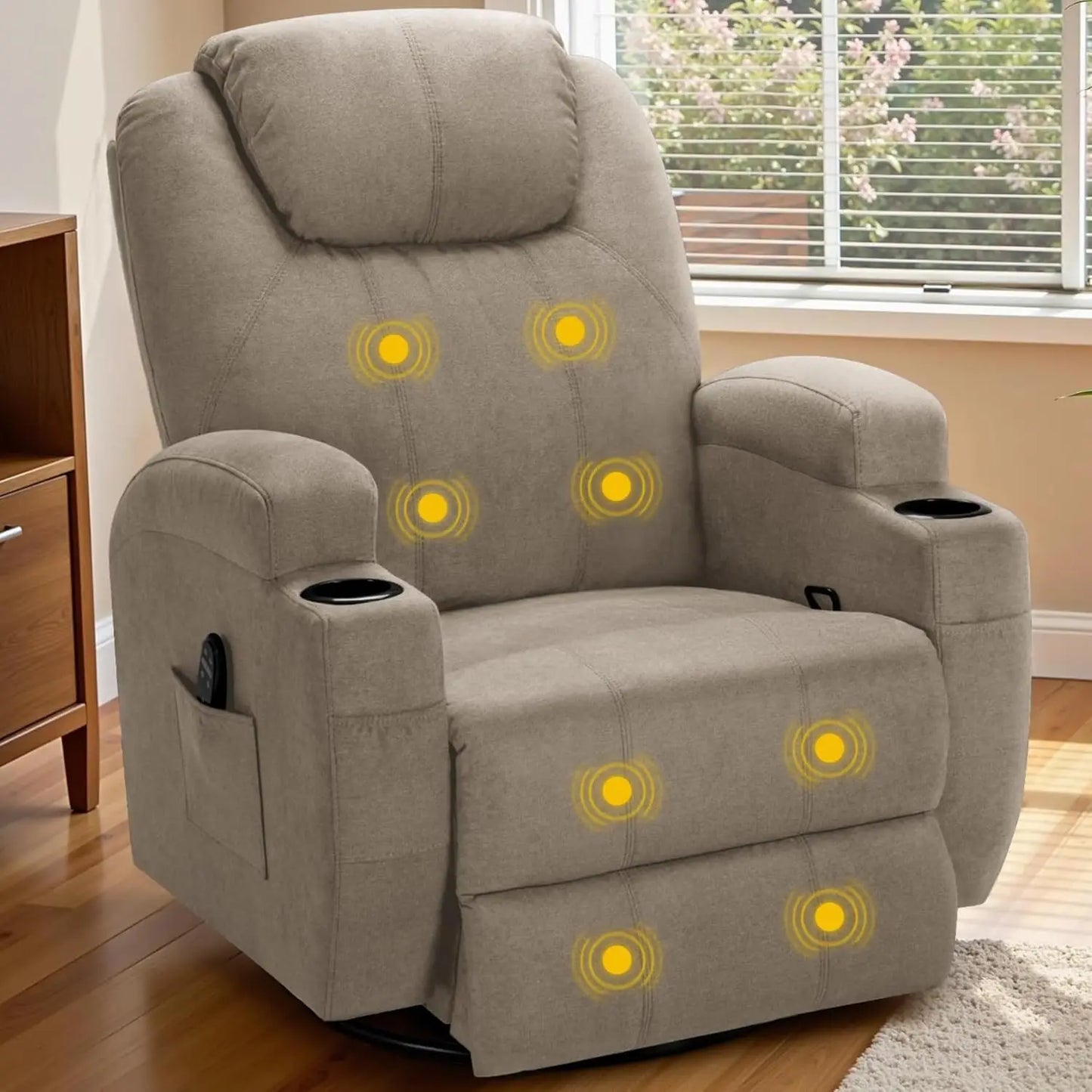 Recliner Chair, 360° Swivel Rocker Chair for Adults, Rocking Recliner Chair with Massage, Comfy Single Sofa with Side Pockets Cu