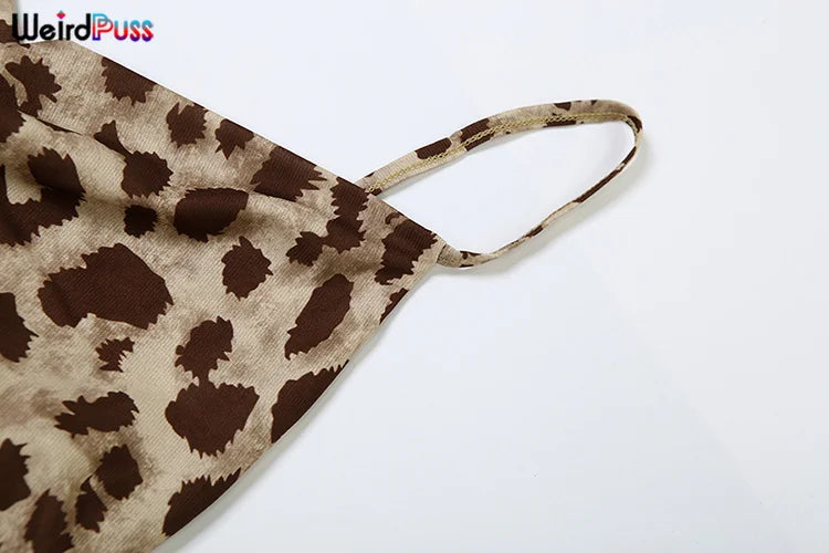 Weird Puss Leopard Print Dress Woman Summer Sexy Swing Collar Spaghetti Straps Backless Ruffles Party Clubwear Skinny