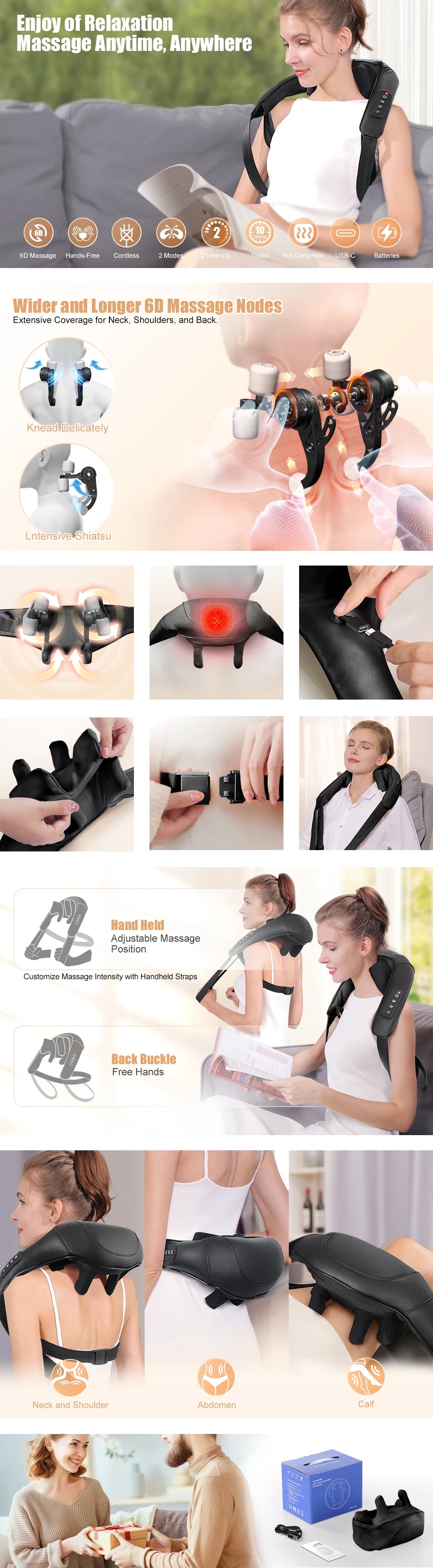 Masgre Shiatsu Back Neck Massager Cordless Shoulder Massager with Heat Electric Deep Tissue 3D Kneading Massage Pillow