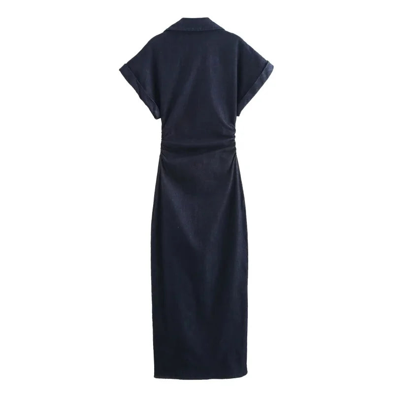 denim MIDI dress with lapel side zipper fashion wrinkle waist slim elegant dress