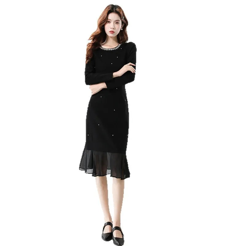Fall Fashion Heavy Duty Rhinestone Splice Slimming Chiffon Mermaid Dress