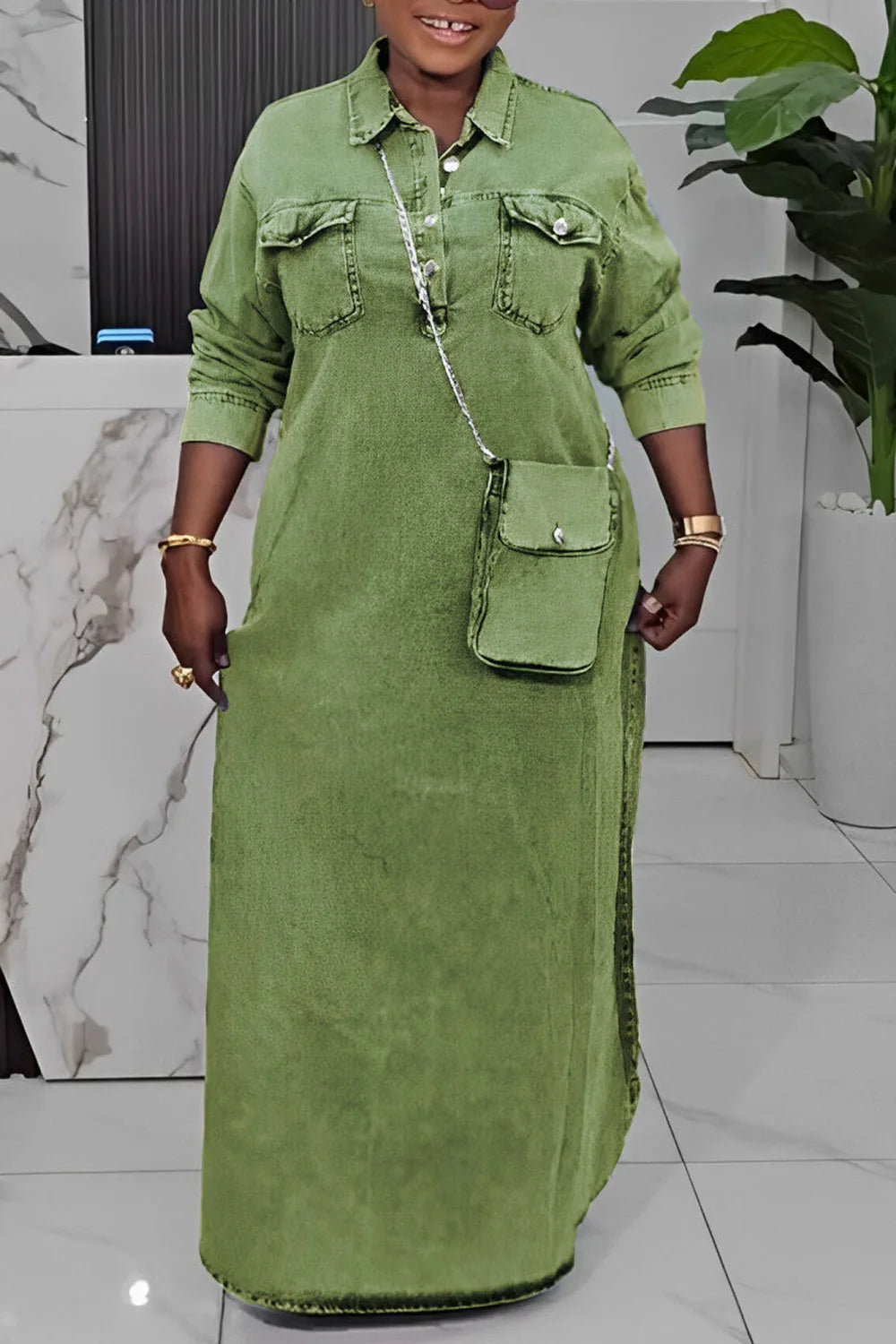 Plus Size Casual Light Blue Shirt Collar Long Sleeve Button Pocket Tencel Denim Maxi Dresses