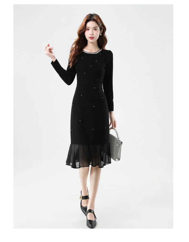 Fall Fashion Heavy Duty Rhinestone Splice Slimming Chiffon Mermaid Dress