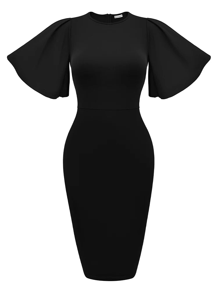 New 2023 Crew Neck Half Sleeve Hips-Wrapped Slim Fit Party Women Midi Dress Autumn Official Dresses For Ladies