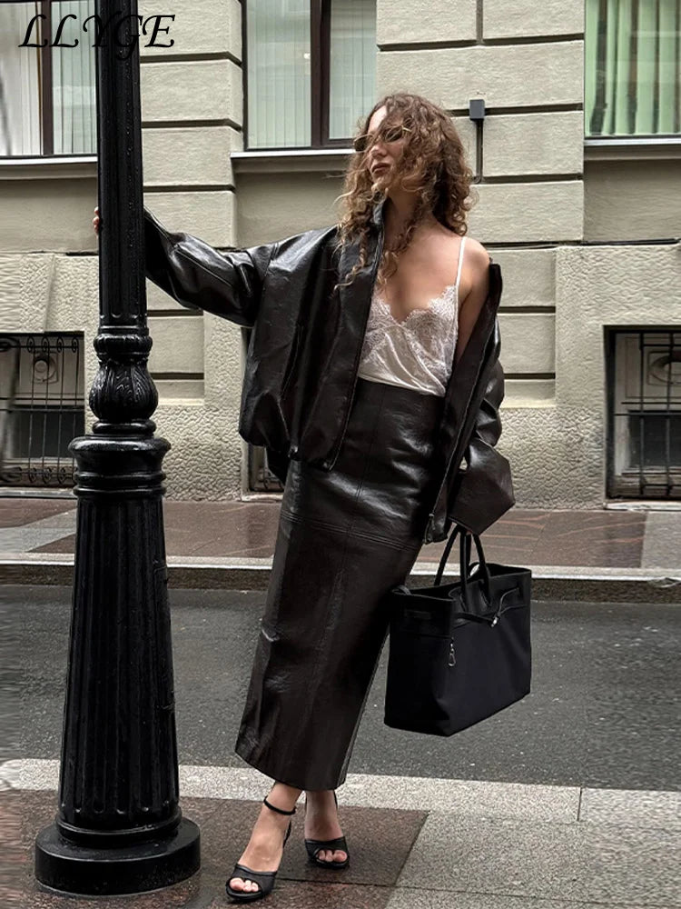 Street Green Leather Jacket Skirt Sets Women Stand Collar Zipper Pleated Coat Spliced Long Skirts Outfits