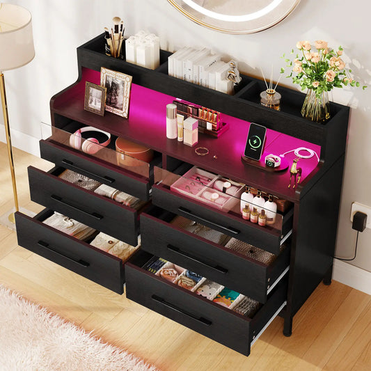 LED Dresser with 6-Drawer Bedroom Chest of Drawers File Cabinet w/Open Shelves