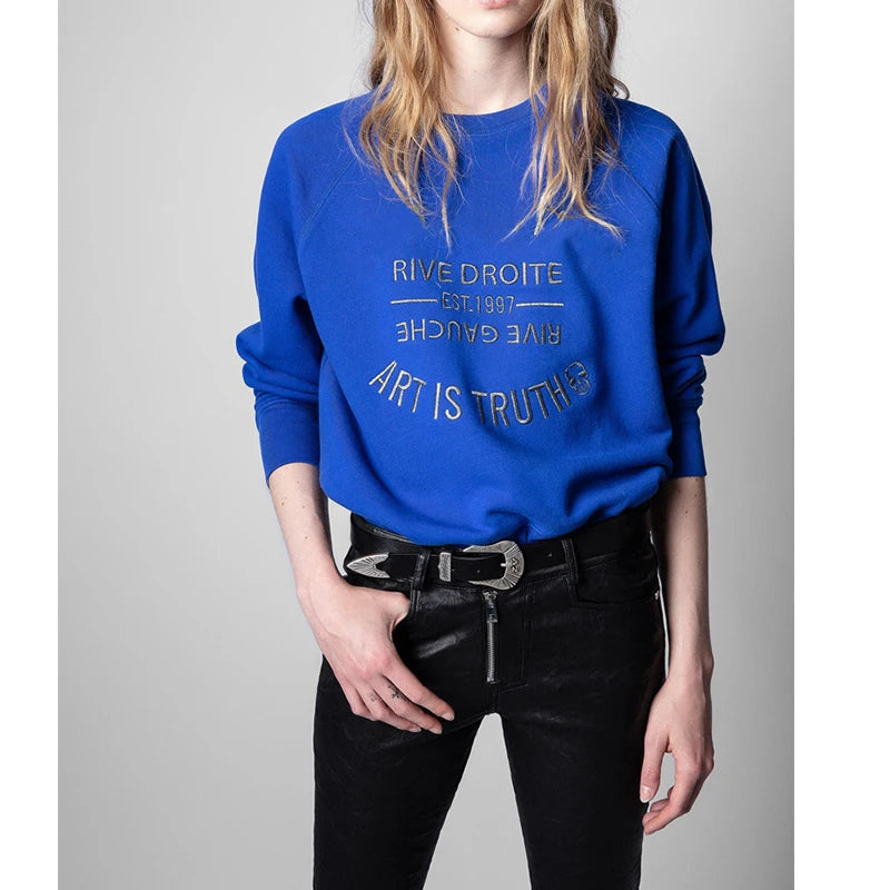 Early autumn new French niche ZV classic letter embroidery pink cotton women's embroidered pullover sweater sweatshirt