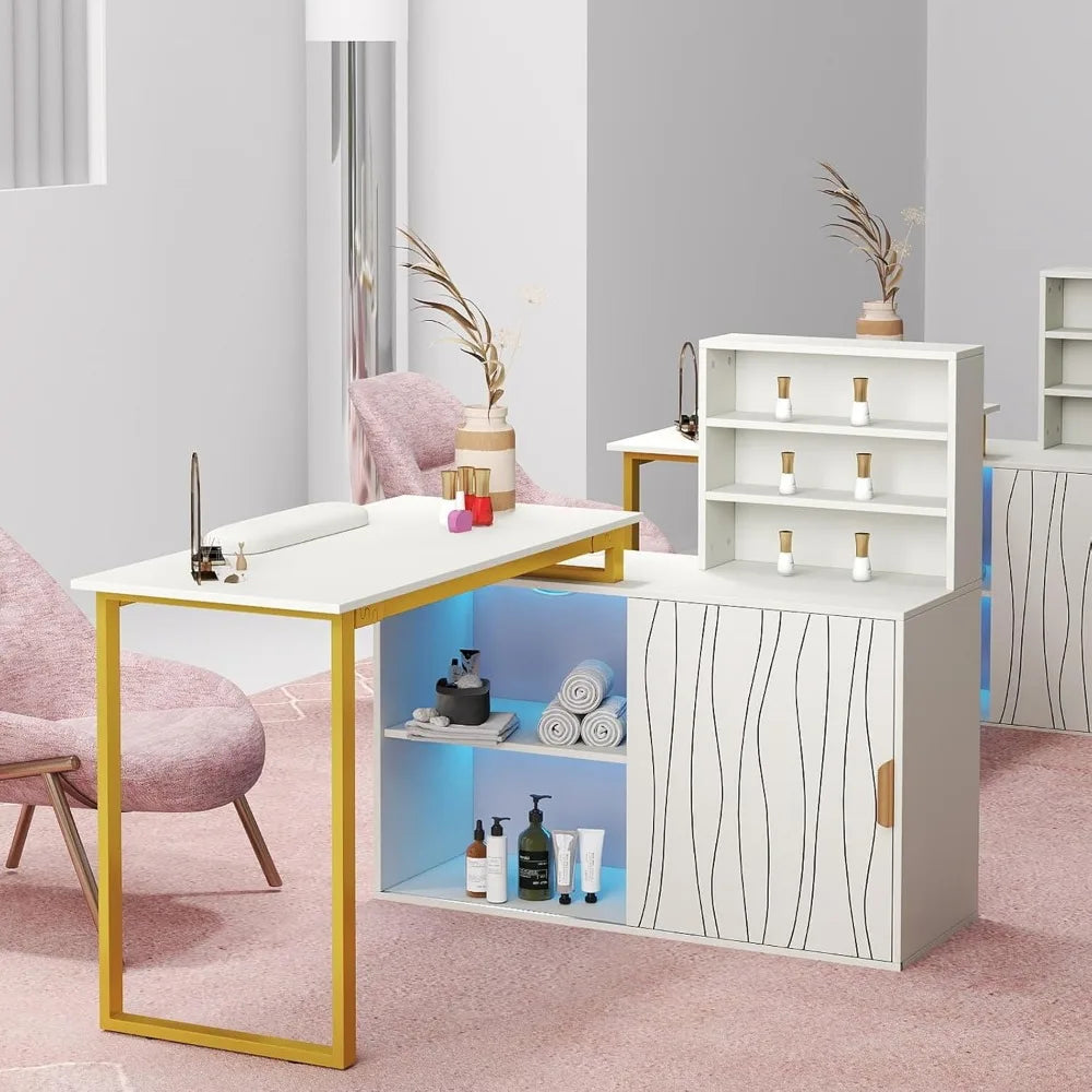 Nail Table, Manicure Table, Nail Station, Open Shelves, Remote Control LED Light, Sliding Door Cabinet, Salon Equipment,AC Outl