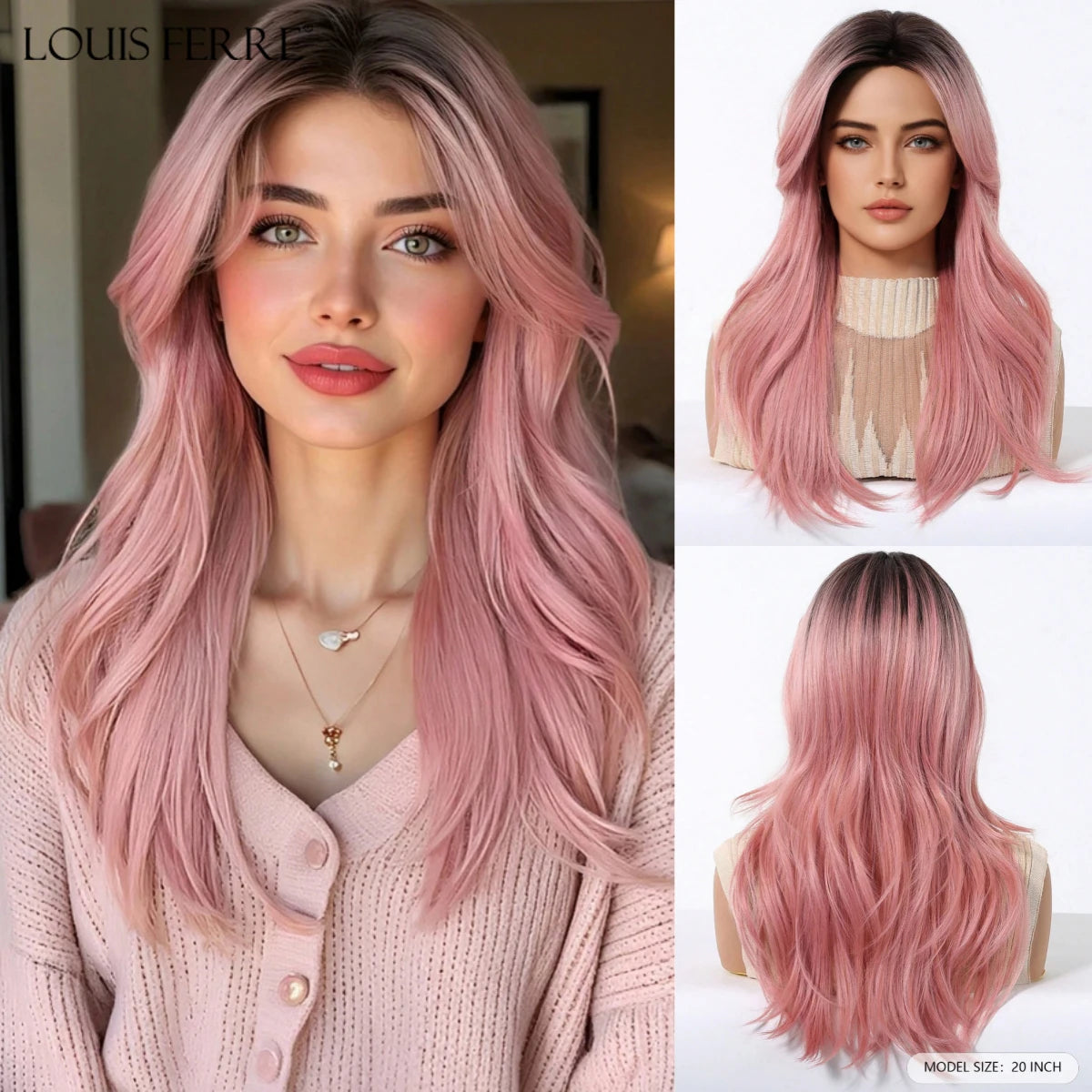 LOUIS FERRE Brown Blonde Highlights Wigs For Women Daily Long Wavy Curly Synthetic Wigs Natural Heat Resistant Hair With Bangs