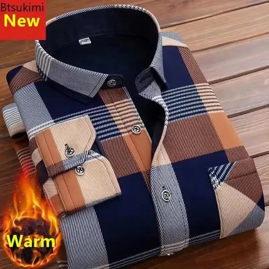 2025 Men's Autumn Winter Thick Warm Long Sleeve Plaid Shirt
