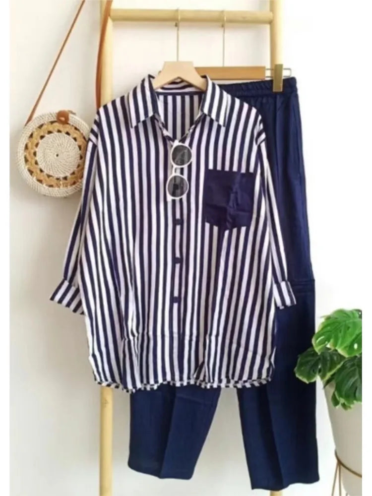 Plus Size Loose Casual Two Piece Sets Women 2025 Fashion Elegant Comfort Striped Long Sleeve Shirts And Long Pants Sportswear