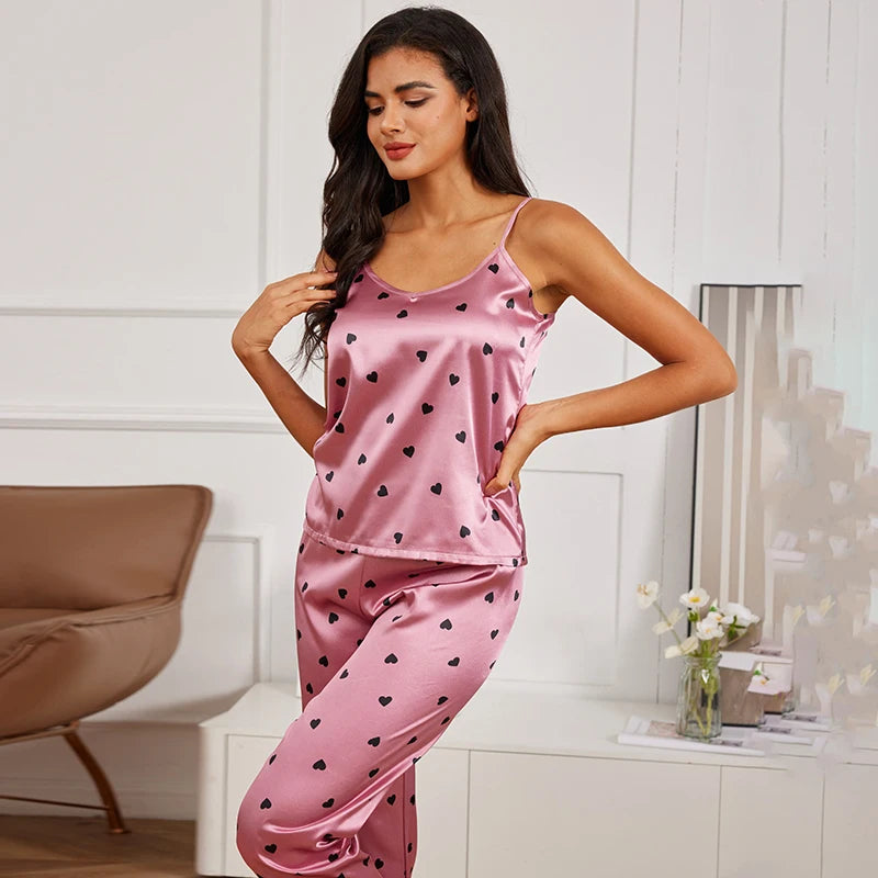 Women Satin Silk Pajamas Sets Letter Print Cami Vest Shirt