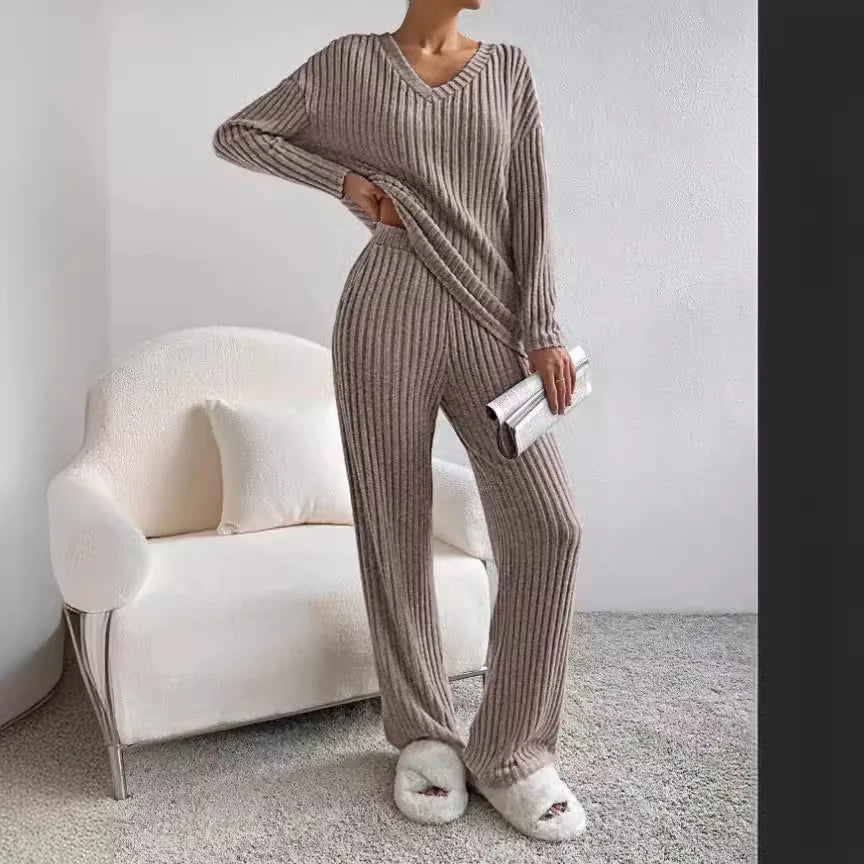 Solid Color Casual Loose Knitting Sets For Women Elegant Autumn Women's Two Pieces Suit Full Trouser Set Female Outfit Clothes