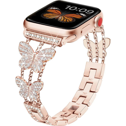 Women Butterfly Strap for Apple Watch Band 49mm 41 45 40 44 38 42mm Bling Diamond Metal Bracelet for Iwatch Series 9 8 7 SE 6 5