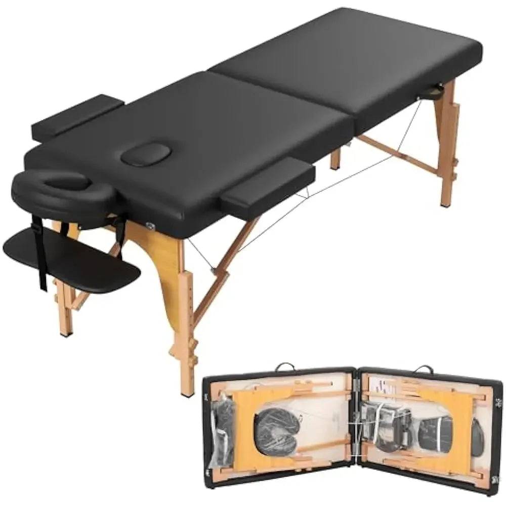 Massage Table, Portable 2 Section Foldable Tattoo Beds, Height Adjustable Light Weight Facial Salon Bed w/Face Cradle&Wood Frame