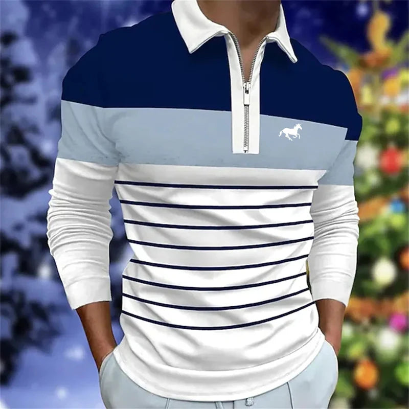 Spring Autumn New Men Clothes Long Sleeve Zipper Stripe Polo Shirt Men Sport