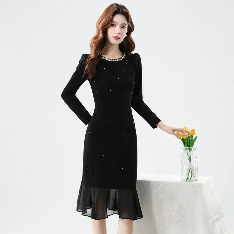 Fall Fashion Heavy Duty Rhinestone Splice Slimming Chiffon Mermaid Dress