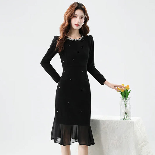 Fall Fashion Heavy Duty Rhinestone Splice Slimming Chiffon Mermaid Dress