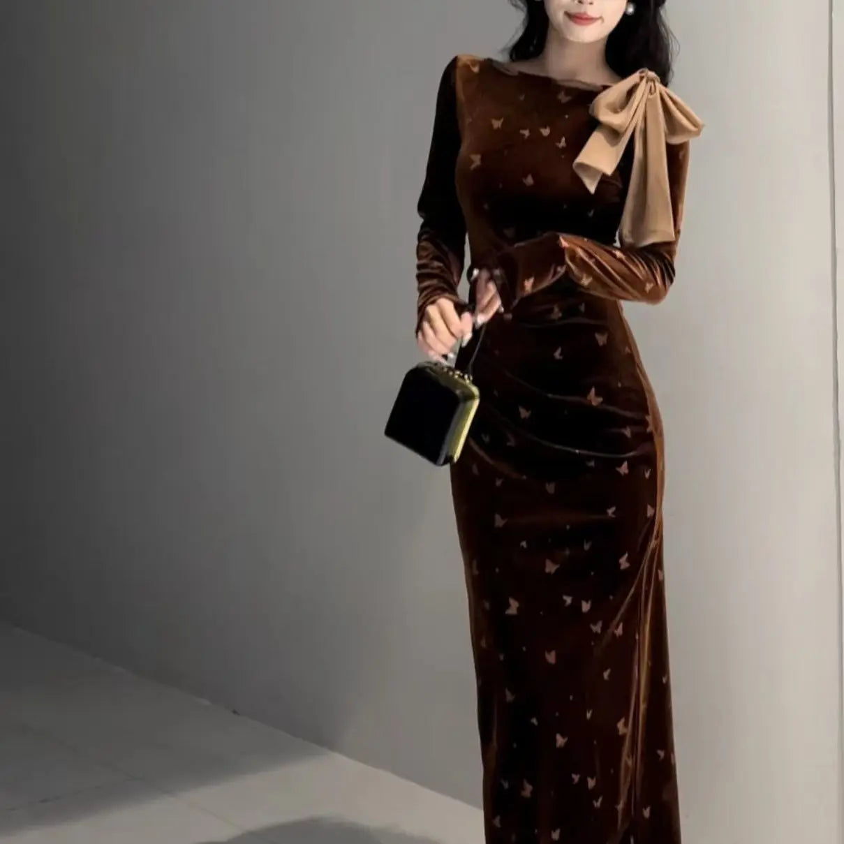 New Autumn Winter Long-sleeved Streamer Printed Floss Dress