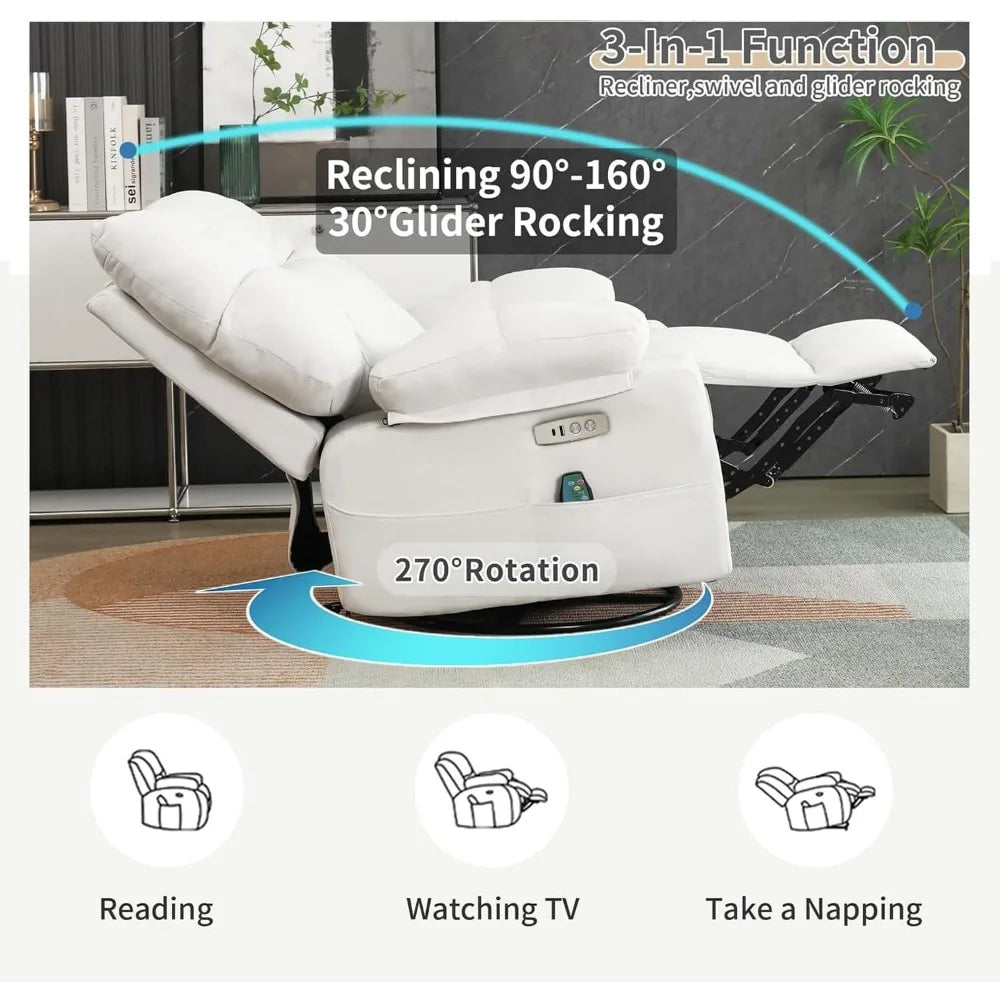 White Power Recliner Chair, Swivel Rocking Recliner Chairs for Adults with Massage and Heated, Soft Single Reclining Swivel Sof
