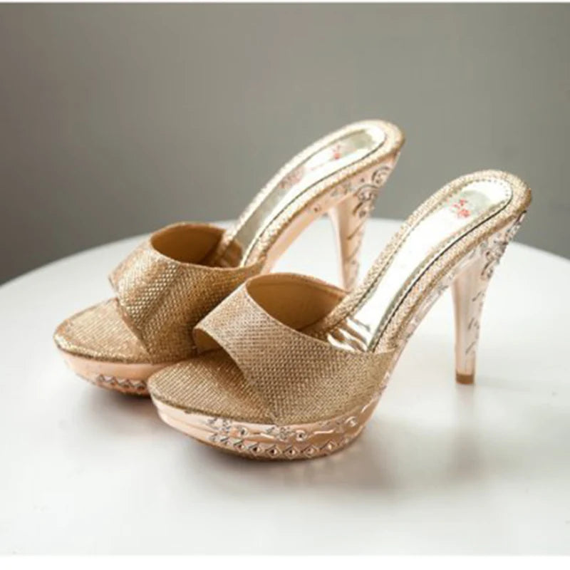 Gold Silver Women Slippers Heeled Sandals Sexy